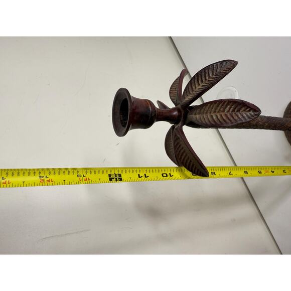 Pair Made in India Textured Wrought Iron Metal Tropical Palm Tree candlesticks - Picture 7 of 10